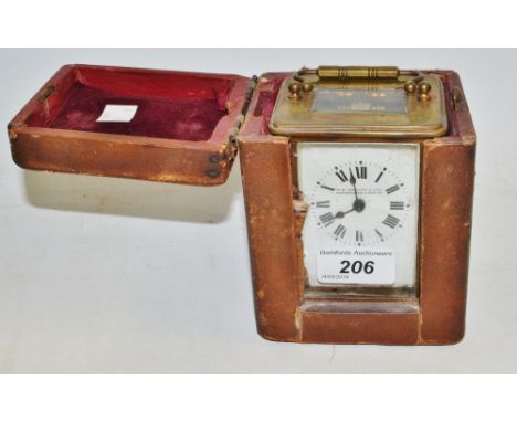 A French brass carriage clock, Arabic numerals, cased, 20th Century