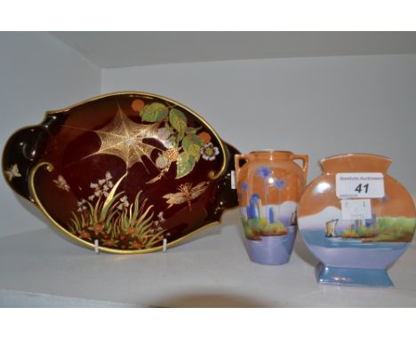 A Carltonware Rouge Royale Spiders Web pattern bowl;  2 Noritake vases  (3)