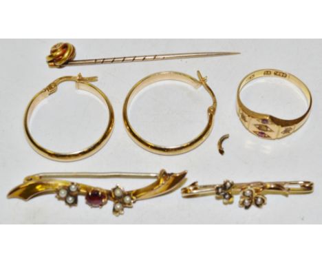 A 9ct gold ring;  a pair of 9ct gold earrings;  bar brooches;  stick pin 