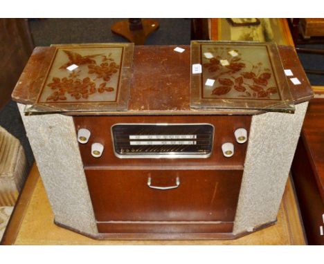 A vintage radio and record player, a pair of acid etched glass panels, depicting British birds (3) 