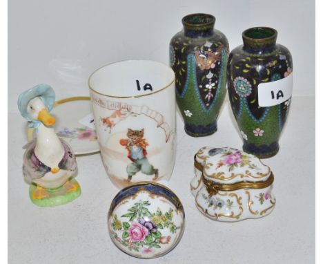 A Beswick Jemima Puddleduck brown backstamp; a Crown Staffordshire place setting; a Royal Doulton Nursery Rhymes beaker; a pa