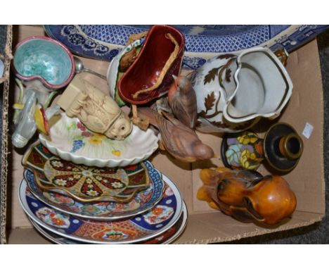 Ceramics - a willow pattern meat plate; a Gouda ceramic candlestick; a Radfords pottery pin dish; Fauna ware; etc (1 box)