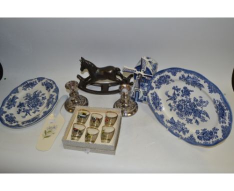 Household Goods - Wessex collection blue and white meat plates, dinner plates, bowls, etc; Aynsley cake slice; Sadler toast r