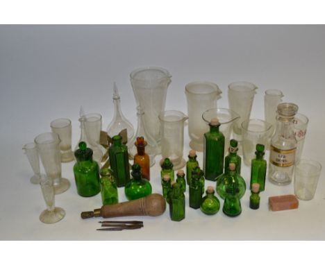Pharmaceutical - bottles, Liq: Dens;  measuring jugs;  green medical bottles;  treen pill roller;  etc 