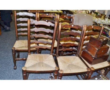A set of six North Country oak ladder back rush seated chairs