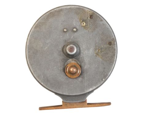 AN ALLCOCK AERIAL CENTRE PIN REEL with twin horn handles, smooth brass foot and brass check button, circa 1930's, size 3.5"Pr