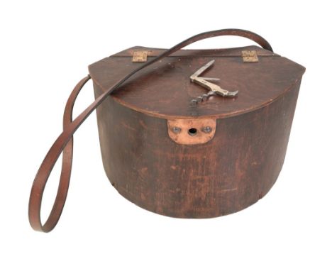 A 19TH CENTURY OAK FISHING CREEL with brass hinges and escutcheon, leather shoulder strap, 28cm x 24cm; and a silver pen knif