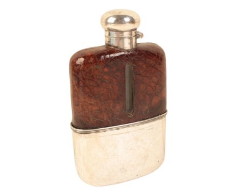 A CROCODILE AND SILVER-PLATED HIP FLASK circa 1930's, with detachable lower section, 15cm long