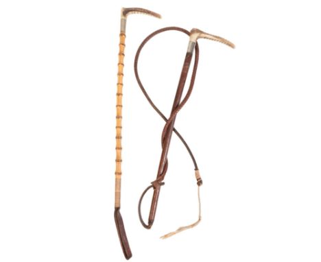 SWAINE & ADENEY, LONDON: A CHILD'S HUNTING CROP with antler handle and silver collar, leather shaft and leather plaited thong