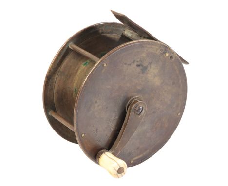 CHEVALIER, BOWNESS & SON, LONDON: A BRASS WINCH FLY REEL circa 1850, with domed bone handle on curved crank winding arm and b