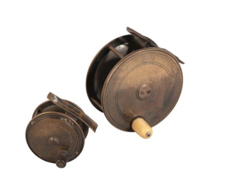 OGDEN SMITH, LONDON: A BRASS PLATE WIND SALMON REEL with perforated brass foot and bone handle, size 4.5", circa 1890; and a 