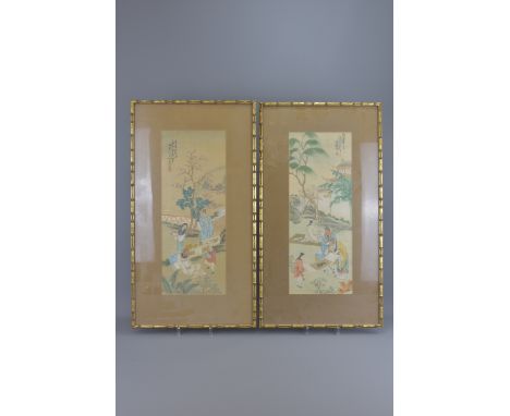 A pair of 19th century fine Chinese paintings on silk showing scholar relaxing in garden scene. Signed by artist with red sea