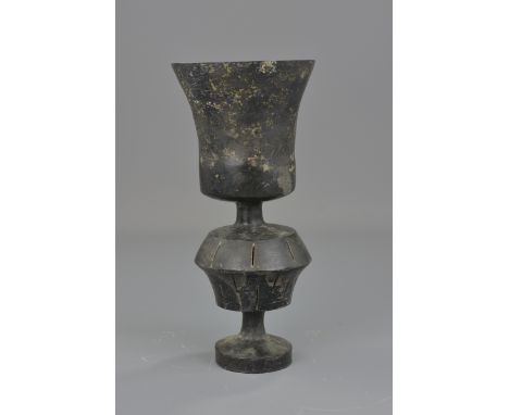 A Chinese burnished black 'egg shell' pottery stem cup. Neolithic period Longshan culture, Northern Ching Shandong (2500-2000