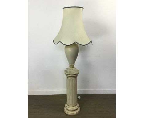 CERAMIC LAMP AND PEDESTAL   ALSO A JAPANESE CERAMIC VASE LAMP each with gilt decoration, the vase lamp with floral and gilt d