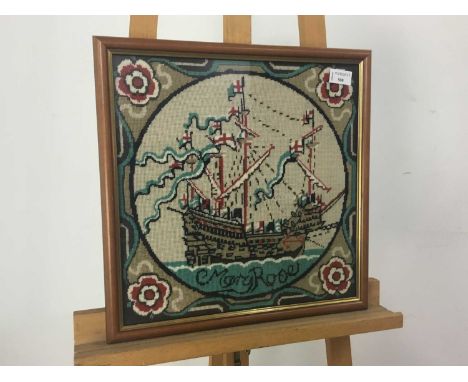 TAPESTRY OF THE MARY ROSE framed and under glassoverall size 43cm x 43cm 