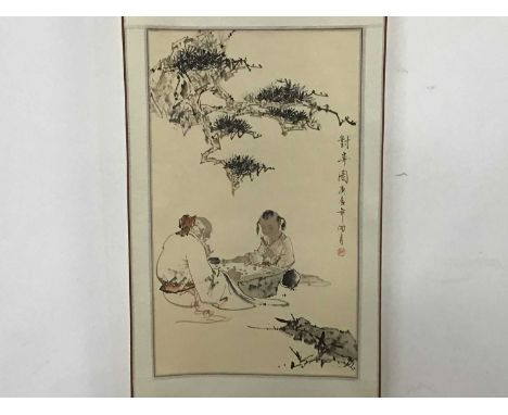 MODERN CHINESE WALL SCROLL decorated with an old man and young girl playing chequers