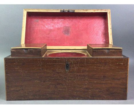 19TH CENTURY PLUM PUDDING MAHOGANY TEA CADDY the hinged cover revealing a fitted interior with two lidded compartments along 