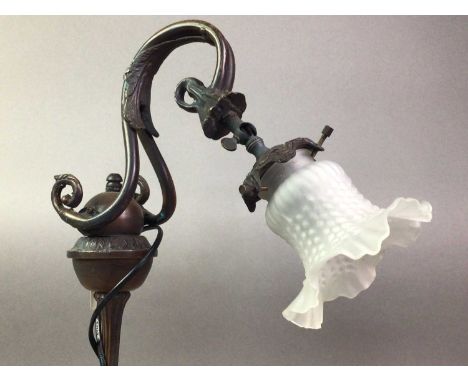 LATE 19TH CENTURY SCROLL LAMP AND OTHER ITEMS the lamp with daffodil shaped frosted glass shade, along with a early 20th cent