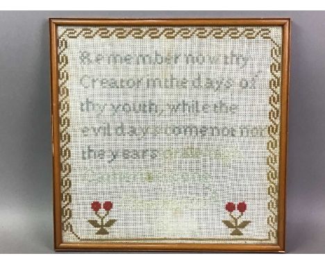 19TH CENTURY NEEDLEWORK SAMPLER worked by Catherine Long 1842, also a plush teddy bearQty: 2