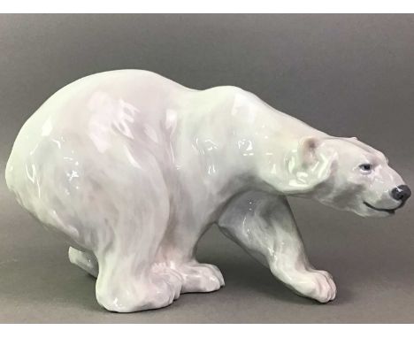 ROYAL COPENHAGEN FAMILY OF FIVE POLAR BEARS of graduated size, all marked to base, along with a Lladro polar bearthe largest 