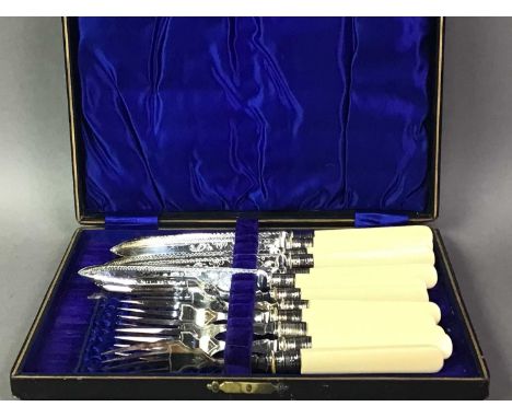 CASED SET OF FISH CUTLERY ALONG WITH OTHER ITEMS including a small quantity of banknotes, a coin and two Lledo model vehicles