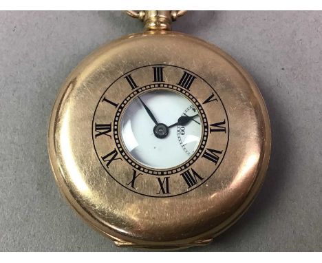 HALF HUNTER POCKET WATCH, ALONG WITH OTHER WATCHES  the pocket watch in rolled gold with Albert chain and a silver medal appe