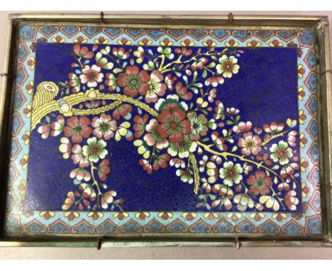 CLOISONNE ENAMEL OBLONG TRAY AND OTHERS the tray decorated with central panel of prunus, also a Chinese rosewood and brass mo