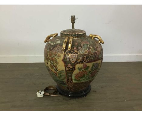 LARGE JAPANESE STYLE CERAMIC TABLE LAMP decorated with garden scenes and floral decoration50cm high