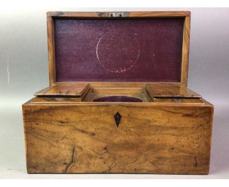 VICTORIAN WALNUT TEA CADDY, AND A REPRODUCTION TEA CADDY the Victorian caddy with fitted interior, the reproduction caddy ven