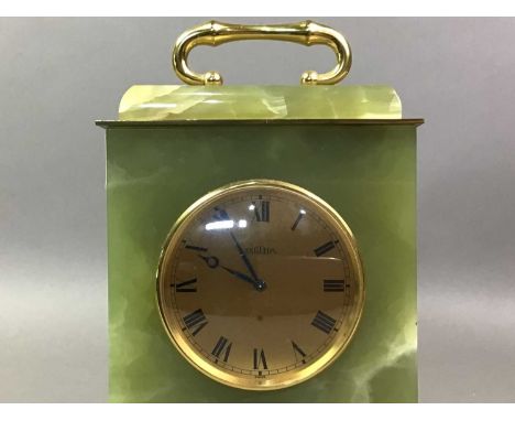COLLECTION OF ONYX ITEMS comprising a mantel clock, ashtray, lighter and cigarette box