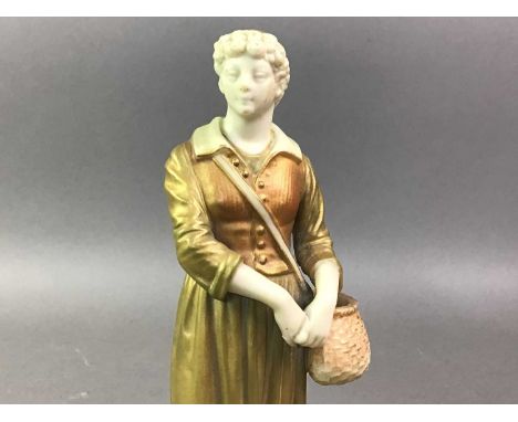 PAIR OF ROYAL WORCESTER FIGURES, ALONG WITH TWO ROYAL DOULTON JUGS the Worcester figures modelled as a male and a female, eac