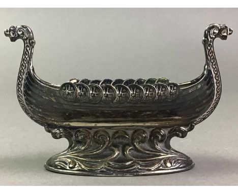 DANISH SILVER SALT BY MARIUS HAMMER 830 standard, modelled as a Viking longboat, together with a silver palted table lighter 