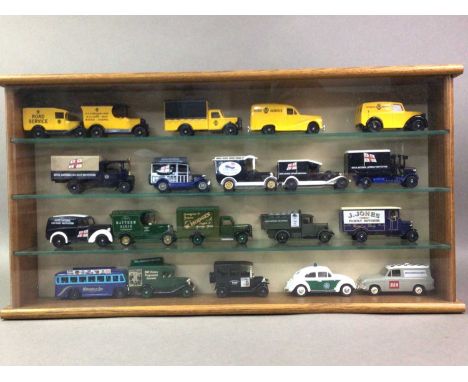 COLLECTION OF MODEL CARS IN DISPLAY CABINET including J Jones, Butcher, Dads Army