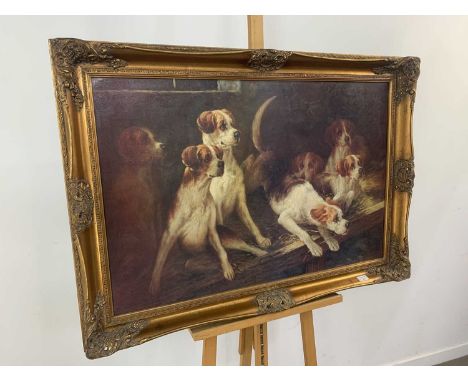 HOUNDS POSSIBLY AFTER JOHN EMMS   print on board, depicting several hounds framed  overall size 76cm x 108cm 