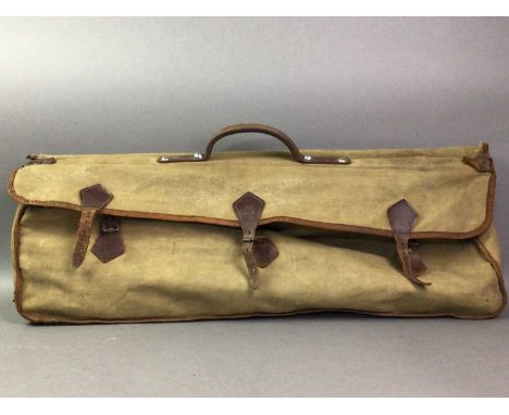 VINTAGE CRICKET BAG with bat and pads, along with two hiking sticks