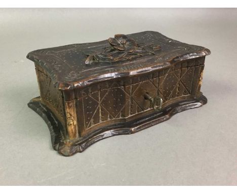 BLACK FORREST BOX, THREE SILHOUETTES AND OTHER ITEMS including a cherub dish and horn snuff box17cm wide