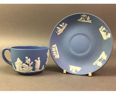 WEDGWOOD JASPER WARE TEA SERVICE including a tea pot, cups, saucers, side plates and sugar and cream
