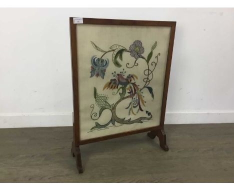 MAHOGANY FIRESCREEN inset with tapestry panel decorated with a bird and foliage69cm High, 52cm Wide69cm Tall x 52cm wide
