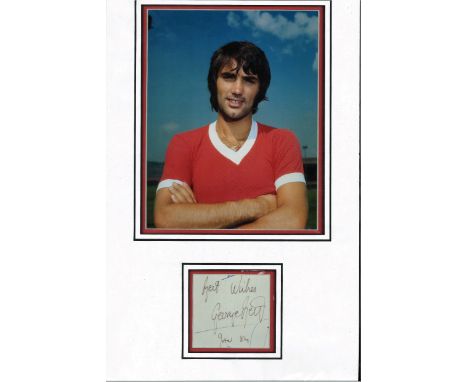 George Best signed autograph presentation. High quality professionally mounted 18 x 11 inch overall sized display. 3D double 