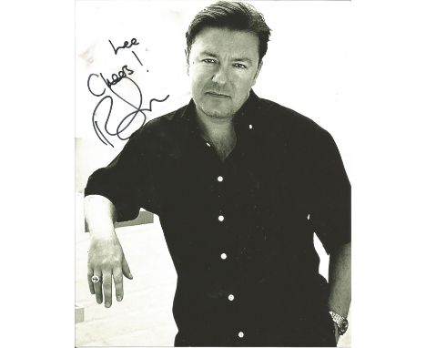 Ricky Gervais signed 10 x 8 colour Photoshoot Portrait Photo, from in person collection autographed at ITV Studios London 201