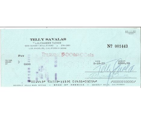 Film and TV Telly Savalas Bank of America signed cheque dated 18th Feb 1977 signature on reverse side also 10x8 colour photo.