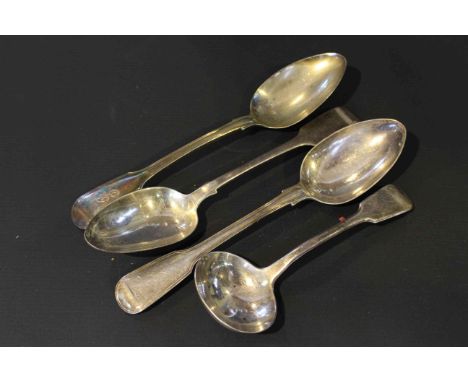 Three silver tablespoons and a silver sauce ladle, 10.5oz