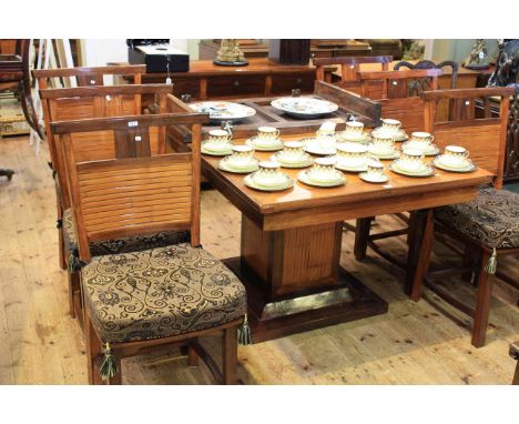 Barker & Stonehouse Oriental style eight piece dining suite comprising three door sideboard, extending pedestal dining table 