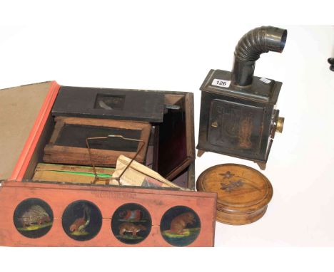 Lantern slides, vintage tin magic lantern projector and treen roulette game