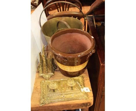 Three brass pans, copper hunting horn, brass inkstand and letter rack, and motto jardiniere