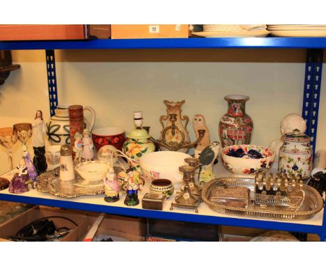 Maling lamp, Rye Pottery jug, Poole vase, Doulton and other figurines, silver plate, etc