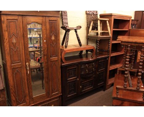 Late Victorian walnut sideboard, 1920's oak mirror door wardrobe and open bookcase (3)