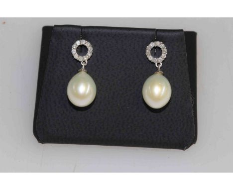 Pair of 9 carat gold, cultured pearl and diamond earrings