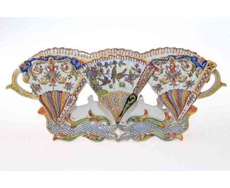 French Faience trough planter modelled as triple fans on fish base