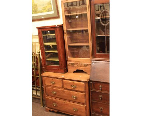 Late Victorian four drawer chest, slim glazed door bookcase and glazed door music cabinet (3)